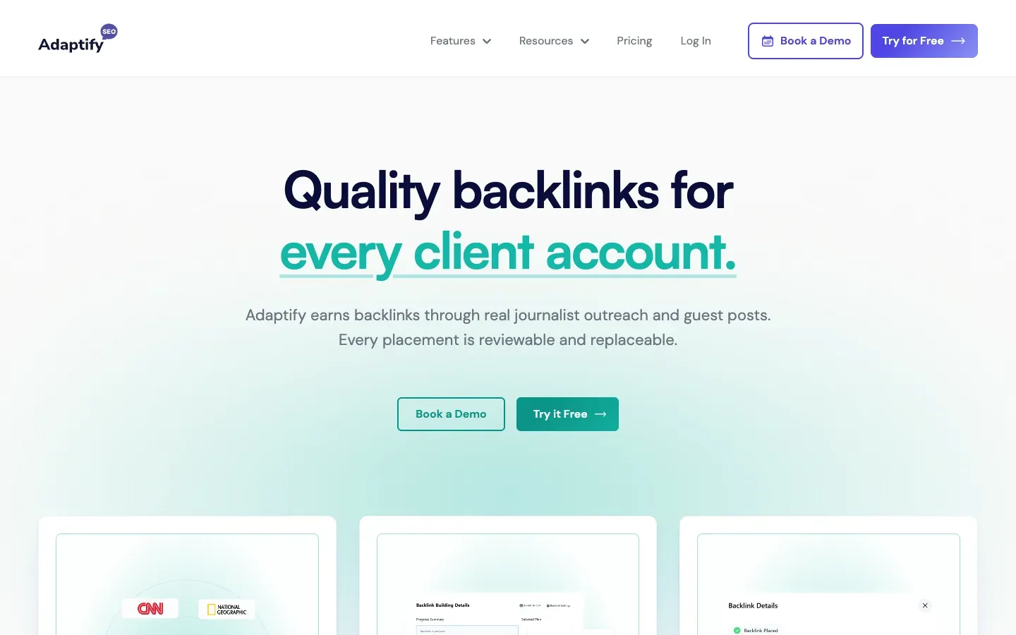 Adaptify /features/backlinks page, above the fold, as captured on October 18, 2026