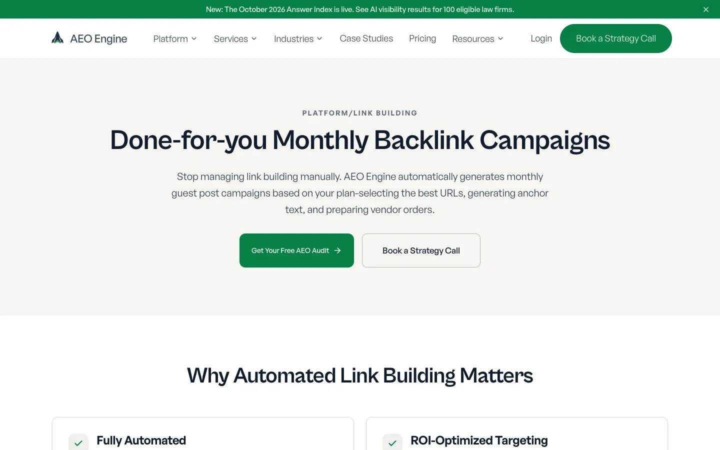 AEO Engine /platform/link-building page, above the fold, as captured on October 18, 2026