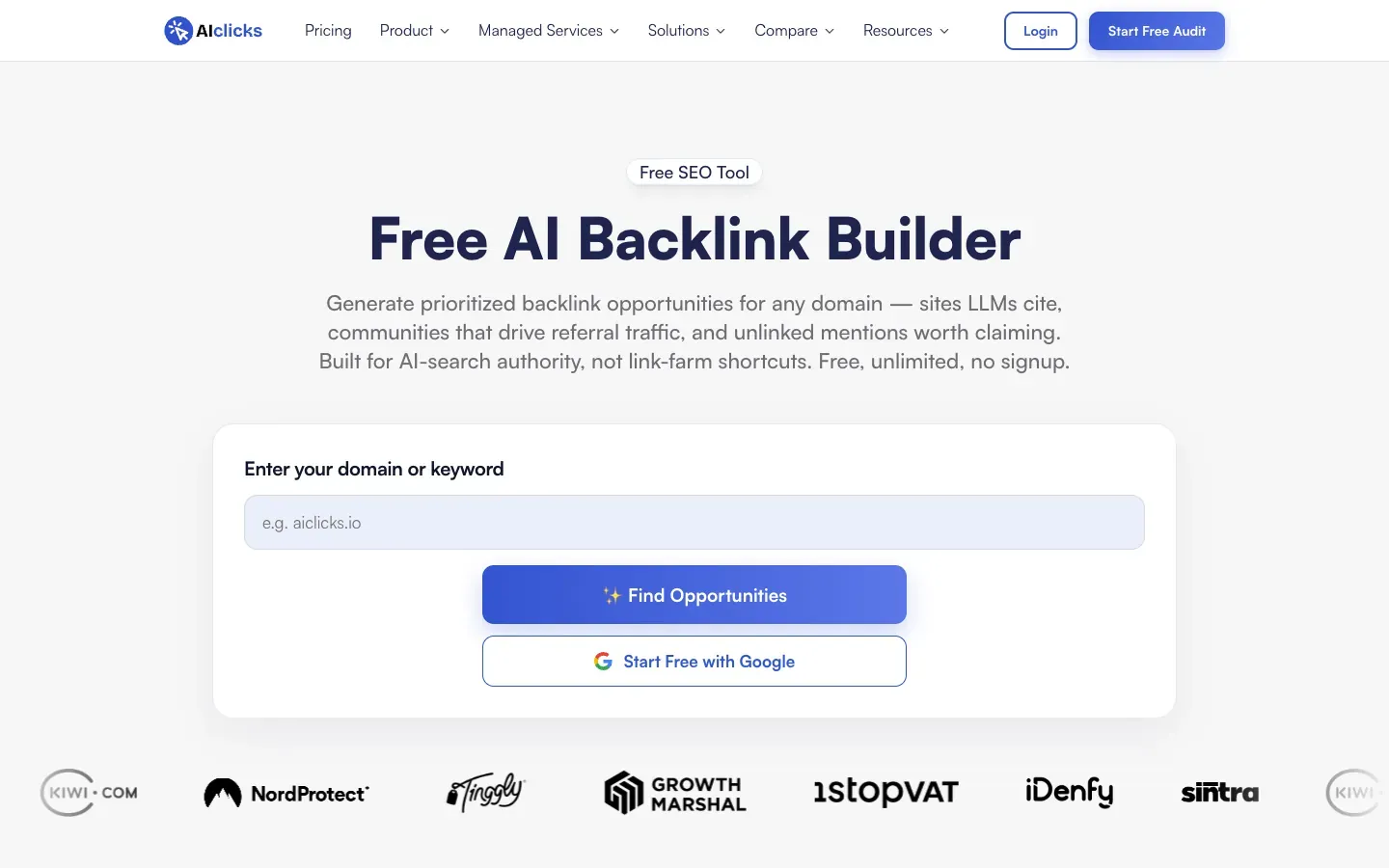 aiclicks AI Backlink Builder /tools/ai-backlink-builder page, above the fold, as captured on October 18, 2026