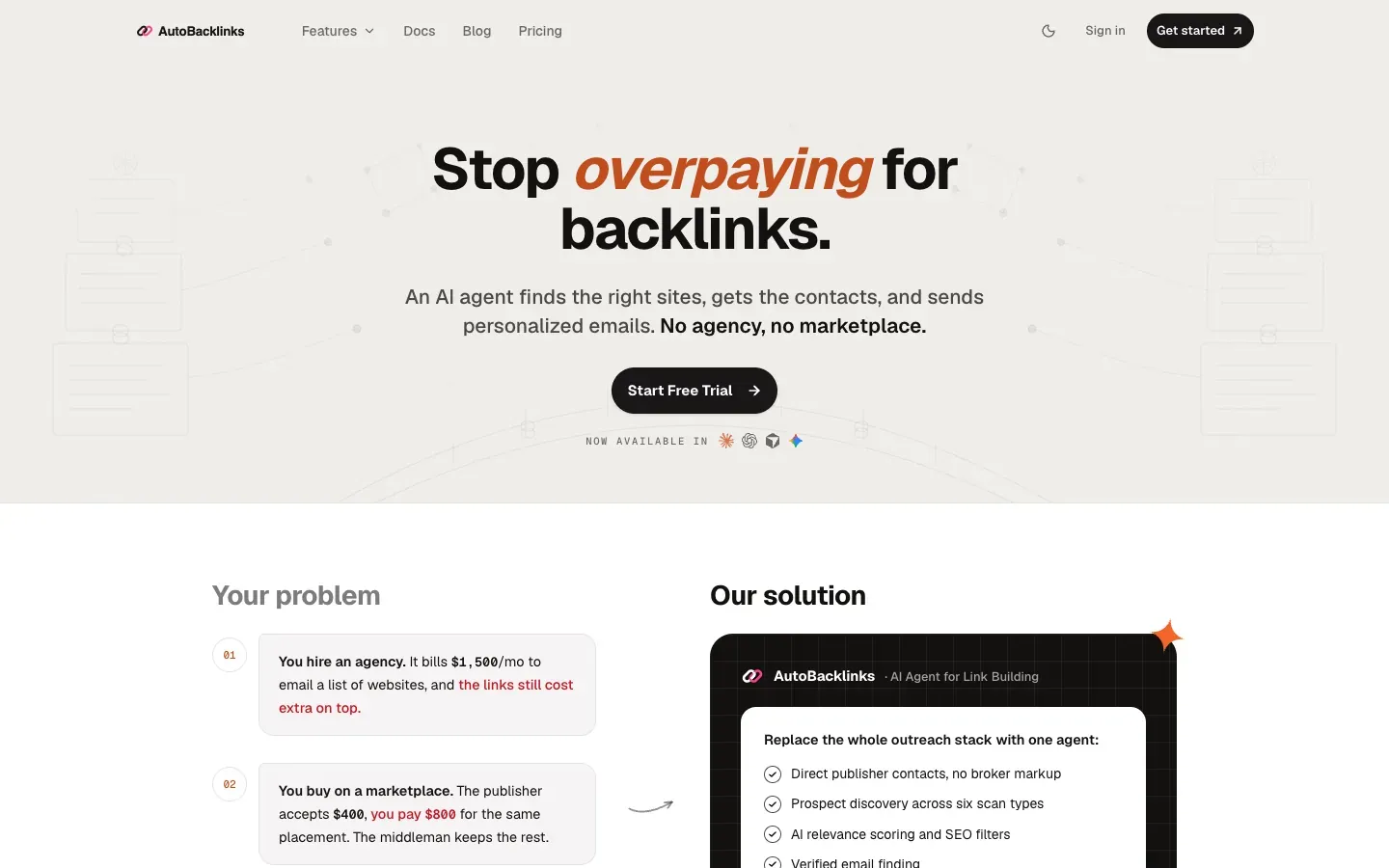 AutoBacklinks homepage, above the fold, as captured on October 18, 2026