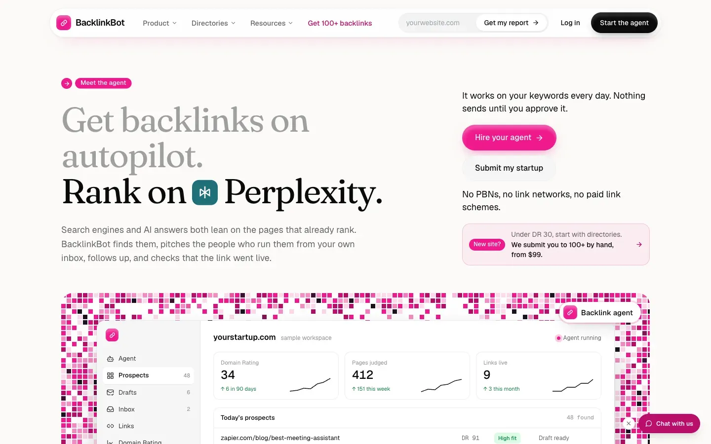 BacklinkBot homepage, above the fold, as captured on October 18, 2026