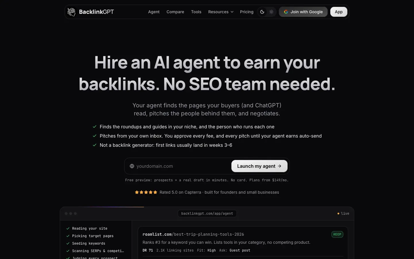 BacklinkGPT homepage, above the fold, as captured on October 18, 2026