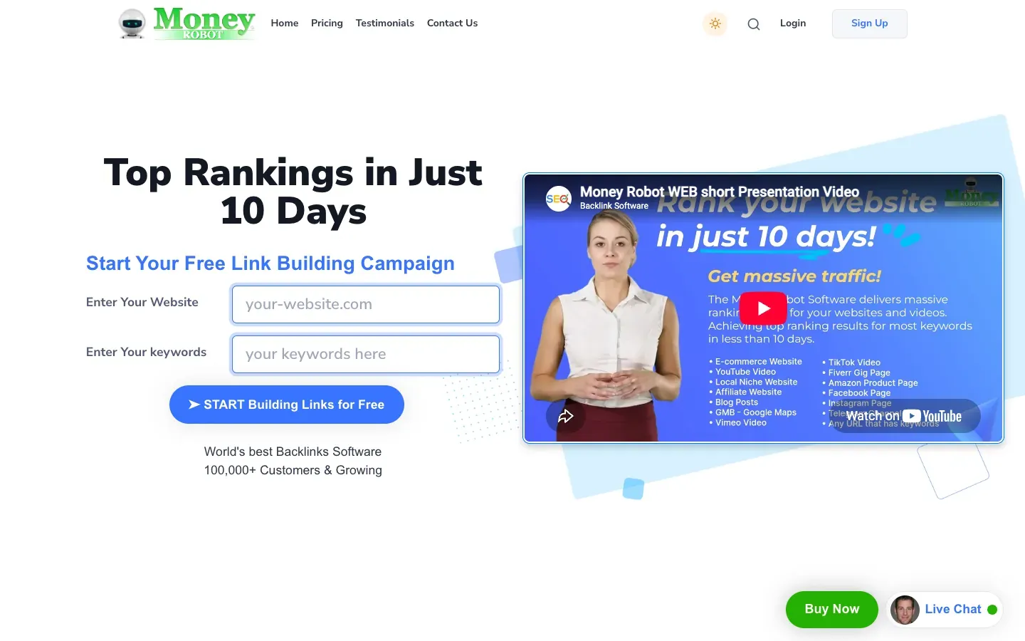 Money Robot homepage, above the fold, as captured on October 18, 2026