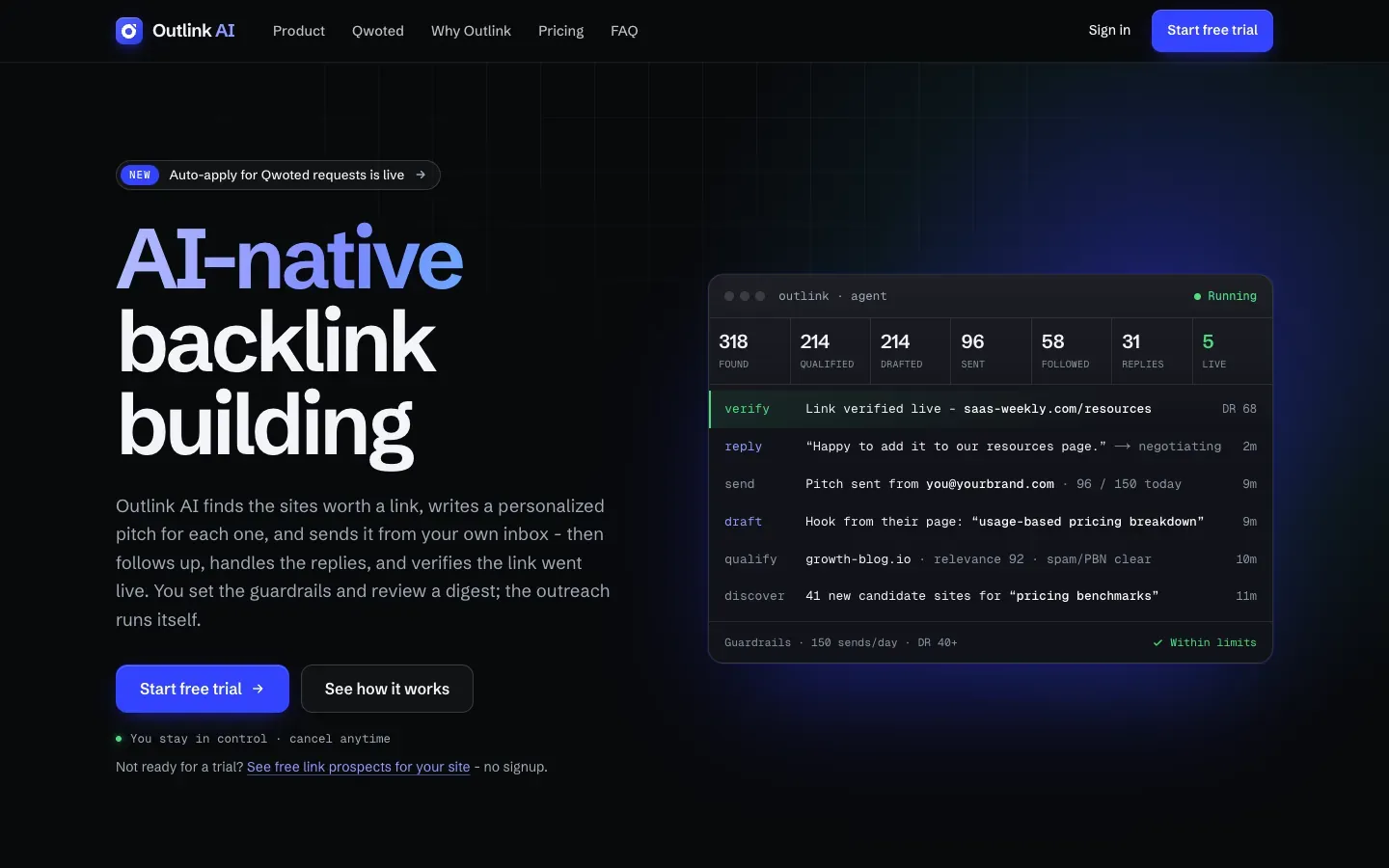 Outlink AI homepage, above the fold, as captured on October 18, 2026