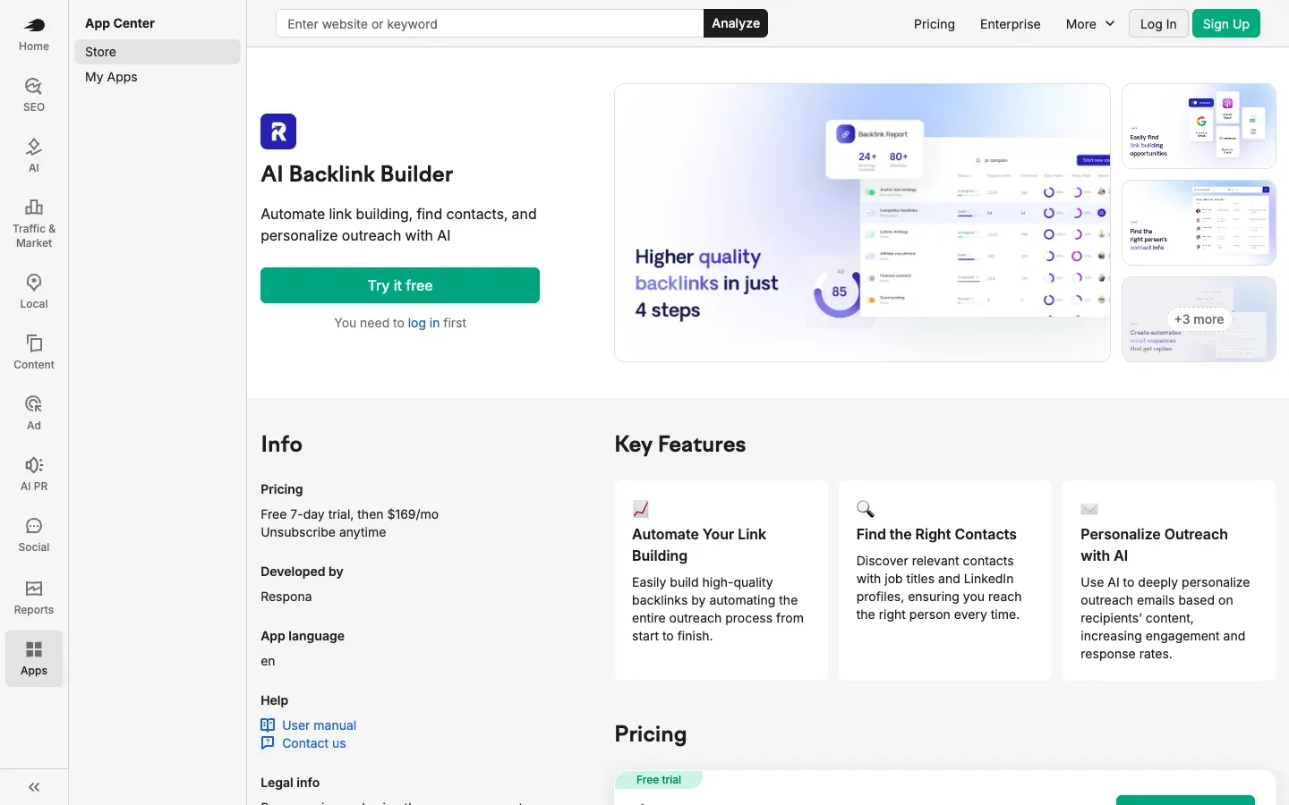 Semrush AI Backlink Builder /apps/ai-backlink-builder page, above the fold, as captured on October 18, 2026