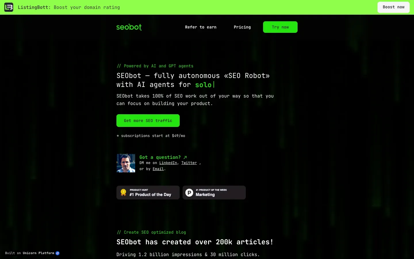SEObot homepage, above the fold, as captured on October 18, 2026